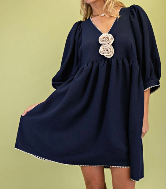 Navy Rosette Mini Dress