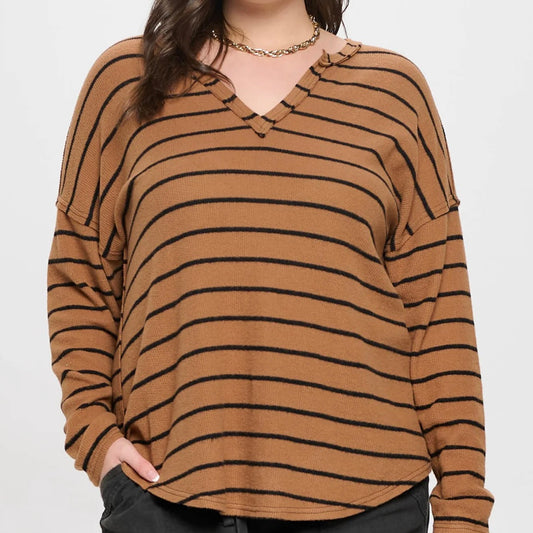 Plus Brown Striped Exposed Seam Knit Top