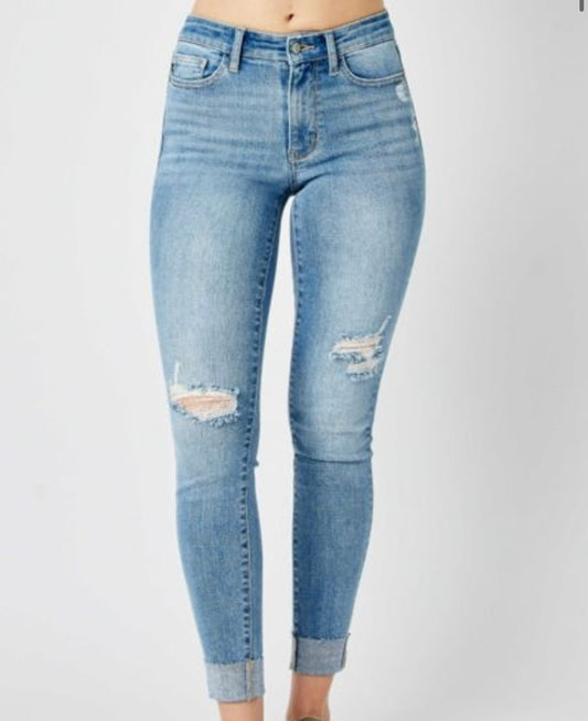 Judy Blue Mid Rise Distressed Skinny Jeans - 82528