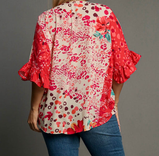 Coral Mix Print Short Sleeve Top