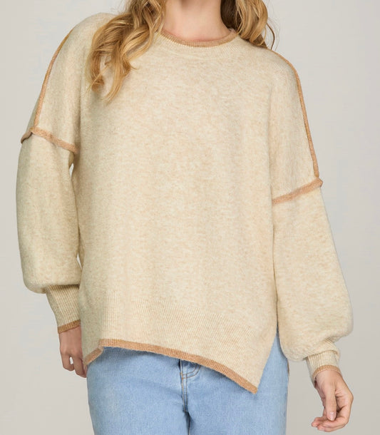 Oatmeal Long Sleeve Contrast Sweater