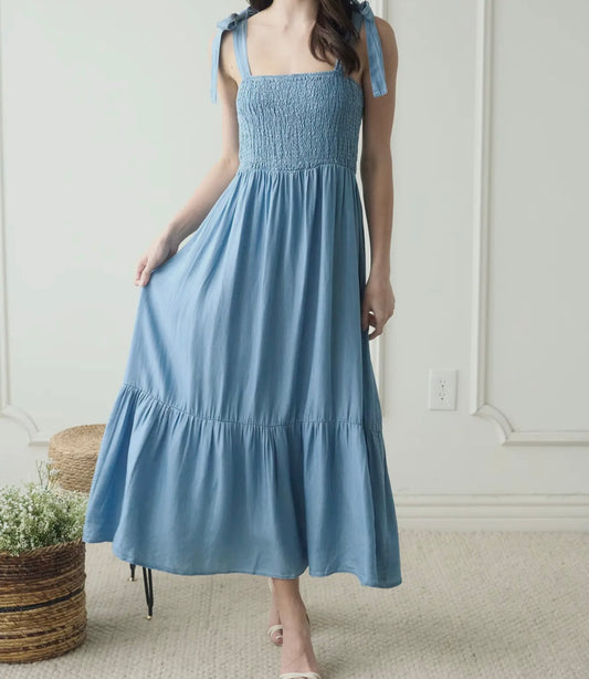 Chambray Smocked Tie Strap Dress