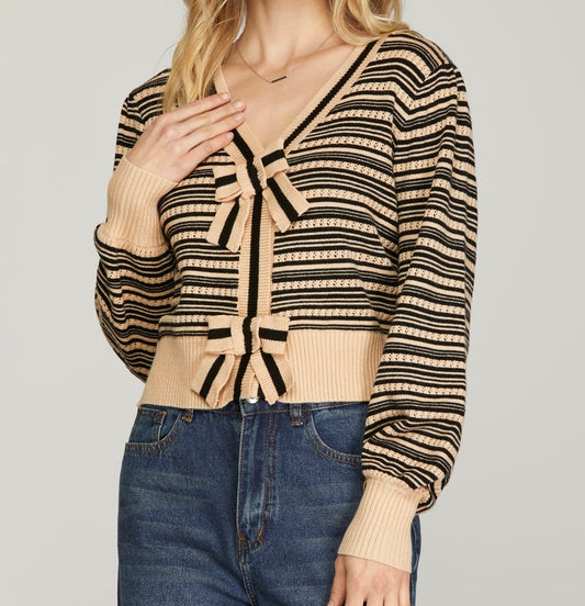Striped Cardigan With Ribbon Buttons