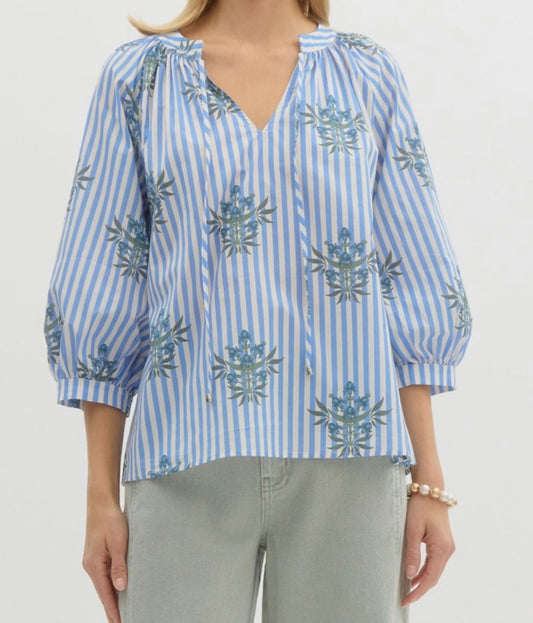 Blue Striped Floral 3/4 Sleeve Top