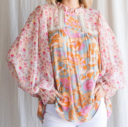 Floral Chiffon Frill Long Sleeve Top