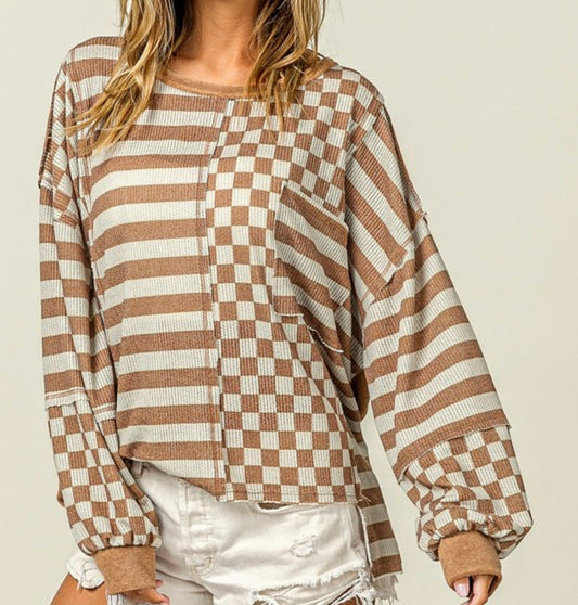 Camel Striped/Checkered Combo Knit Top