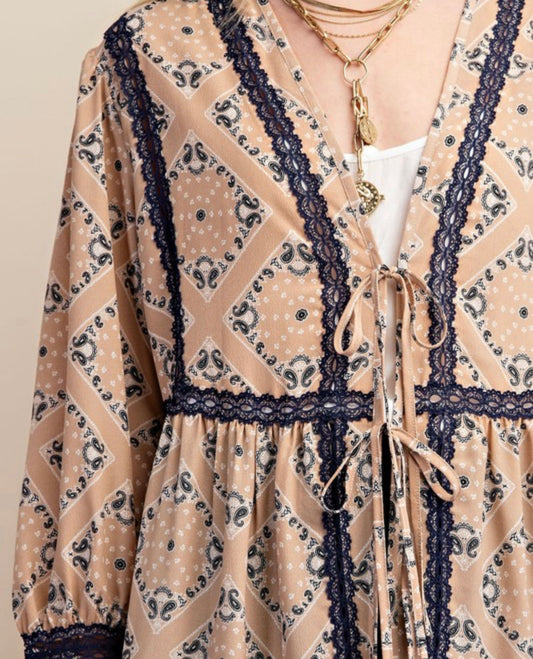 Beige Bandana Print Kimono