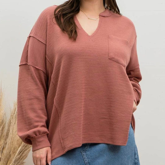 Plus Dusty Rose Split Neck Long Sleeve Top