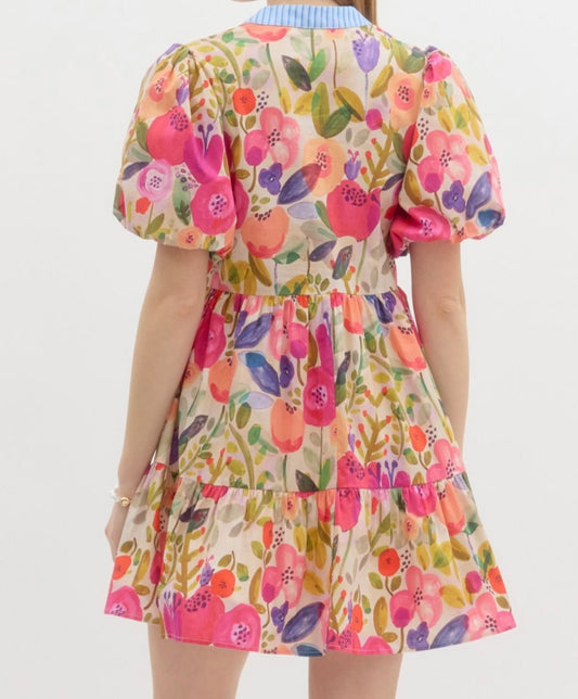 Floral Bubble Sleeve Tiered Mini Dress