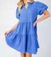 Blue Seersucker Puff Sleeve Dress