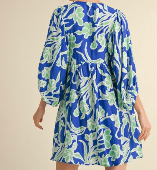 Royal Blue Floral Balloon Sleeve Dress