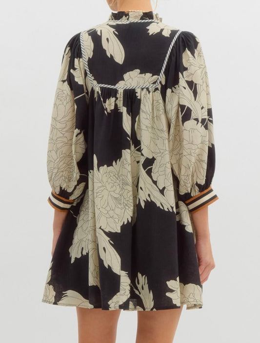 Black Floral 3/4 Sleeve Front Tie Dress
