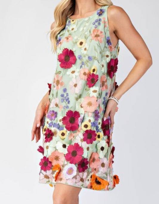 Emerald 3D Floral Embroidered Dress