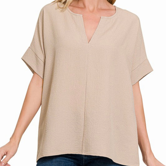 Woven Bubble Airflow Split Neck Top