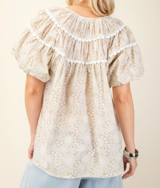 Beige Print Puff Sleeve Top