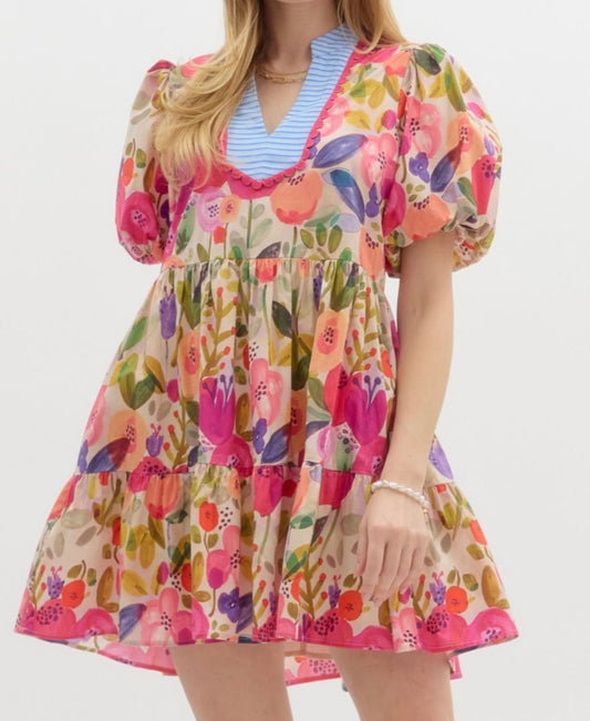 Floral Bubble Sleeve Tiered Mini Dress