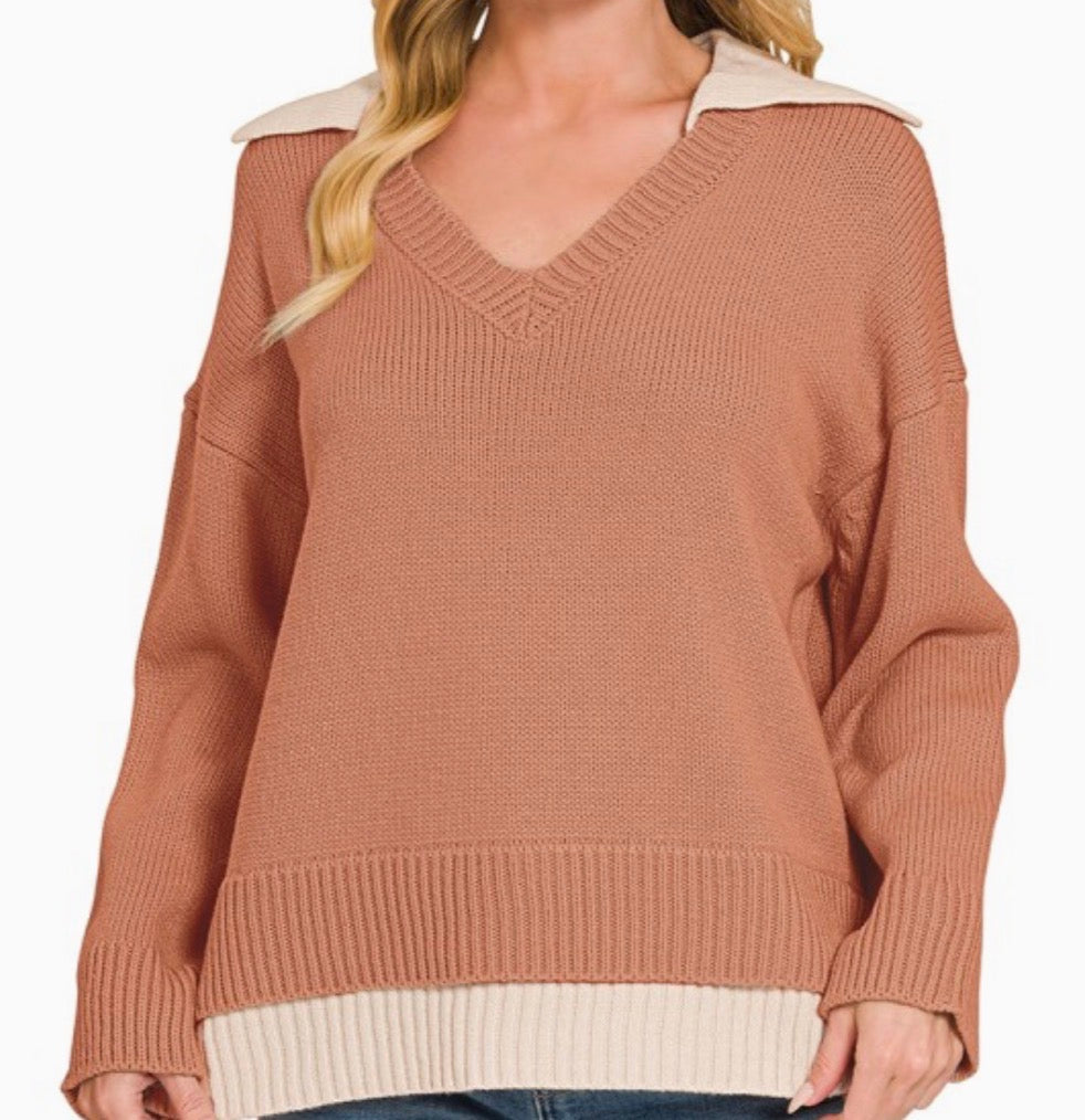 Mahogany Collared V-Neck Sweater