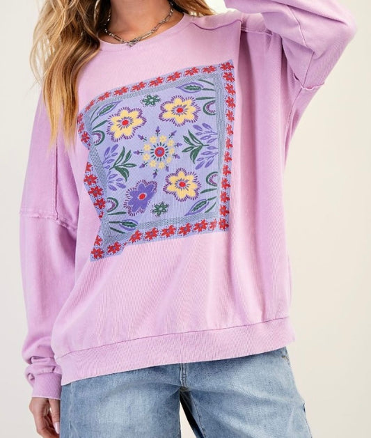 Boho Print Washed Terry Pullover