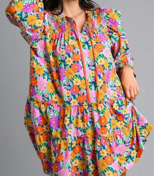 Teal Double Ruffle Flower Print Tiered Dress