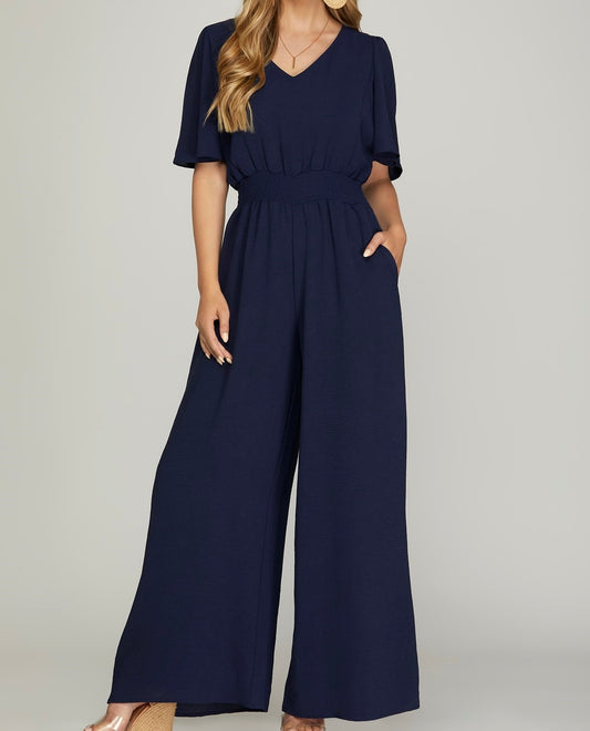 Navy Woven Wide Leg Jumpsuit