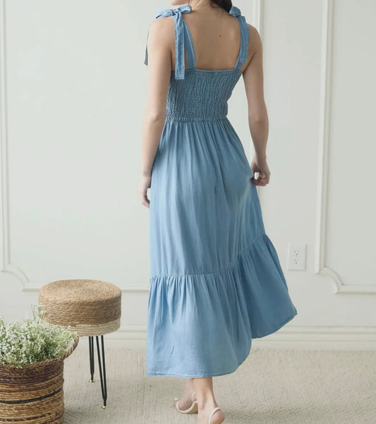 Chambray Smocked Tie Strap Dress