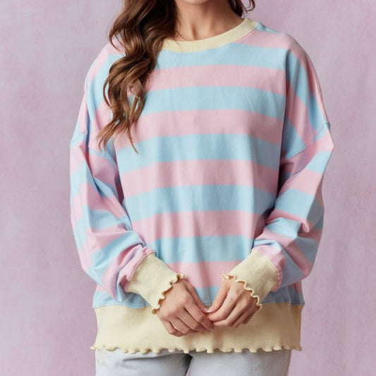 Striped Lettuce Cut Long Sleeve Top