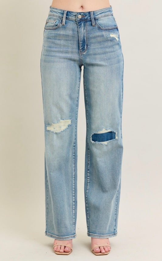 Judy Blue High Waisted Destroy & Knee Patch Straight Jeans - 88928