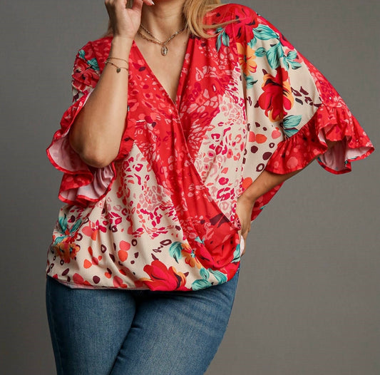 Coral Mix Print Short Sleeve Top