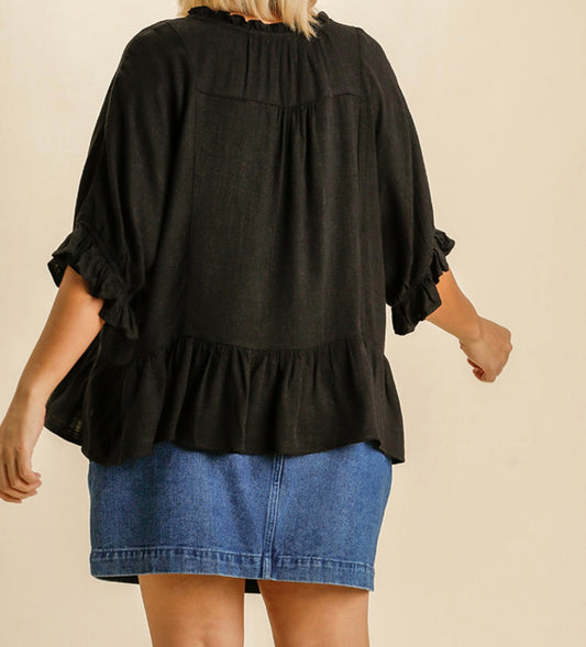 Black Short Sleeve Tassel Top