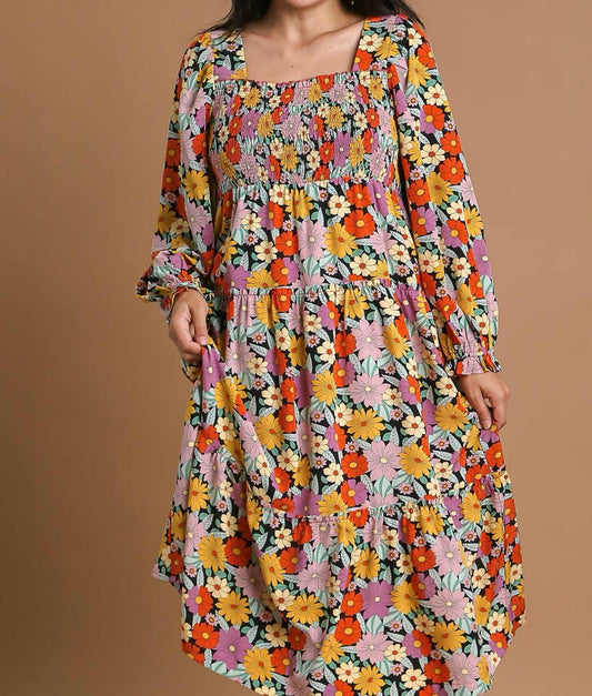Black Floral Print Ruffle Long Sleeve Maxi Dress