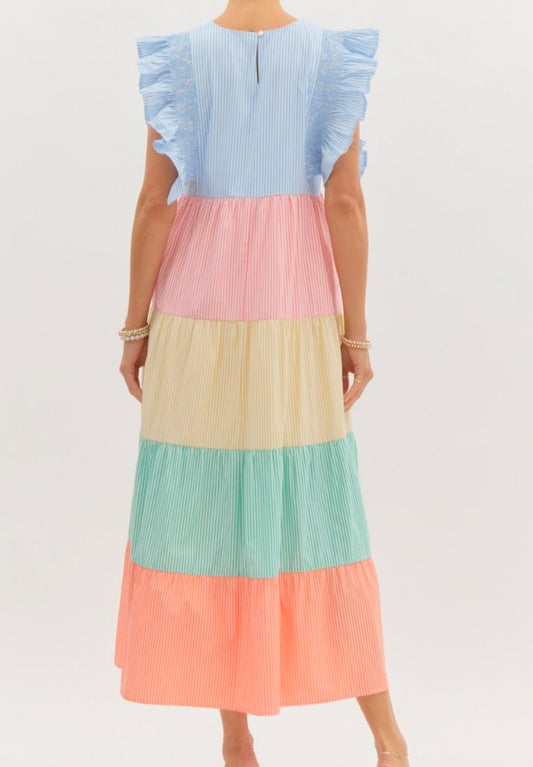 Spring Striped Color-Block Midi Dress
