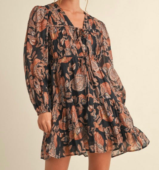 Black Print Chiffon Tiered Dress