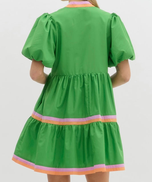 Solid Bubble Sleeve Tiered Dress