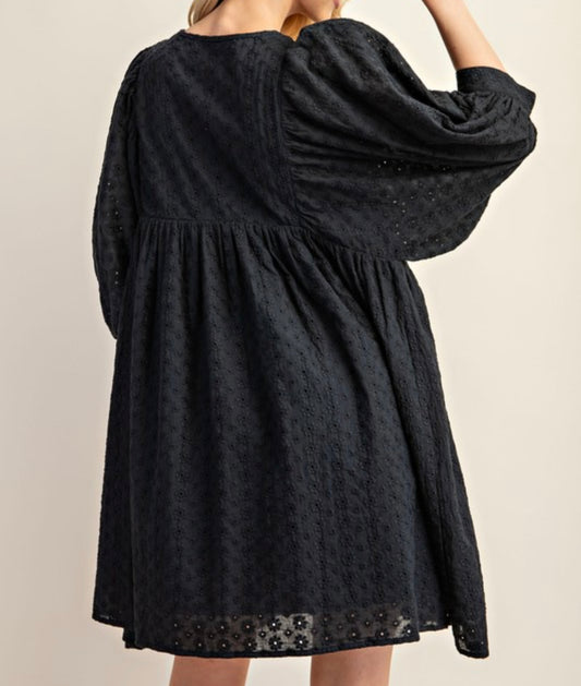 Black Embroidered Puff Sleeve Dress
