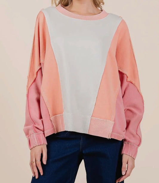 Coral Mineral Wash Color Block Dolman Sleeve Pullover