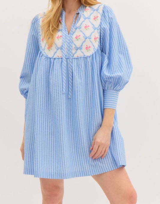 Striped 3/4 Sleeve Floral Ribbon Print Dress