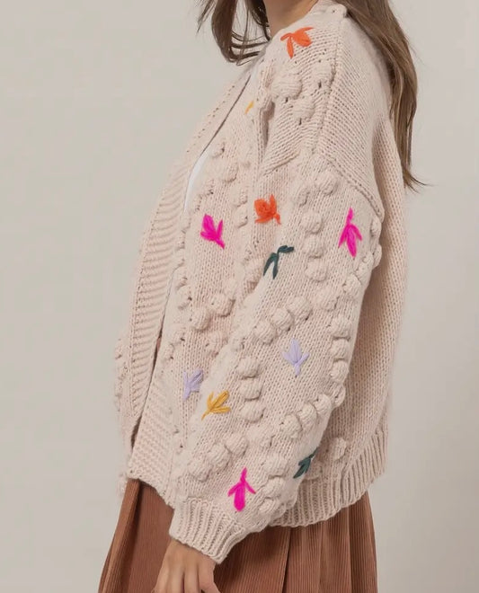 Floral Stitch Popcorn Cardigan