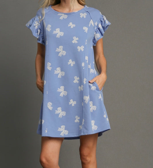 Ribbon Bow Print Ruffle Sleeve Dress