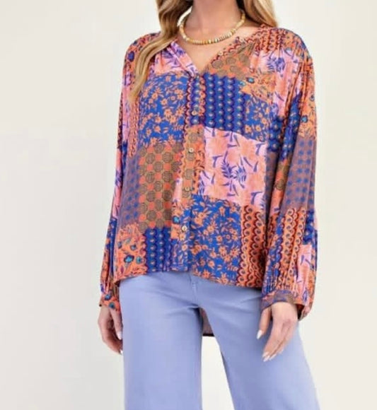 Coral Blue Patchwork Button Down Top
