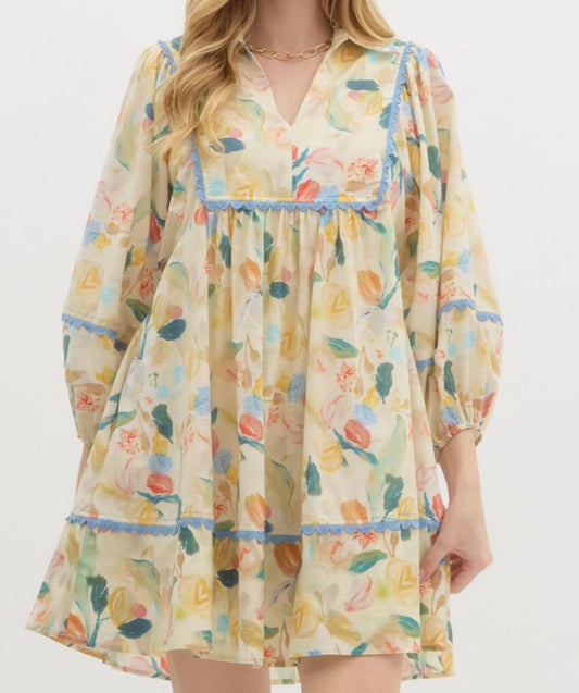 Watercolor Floral Print Scallop Trim Dress