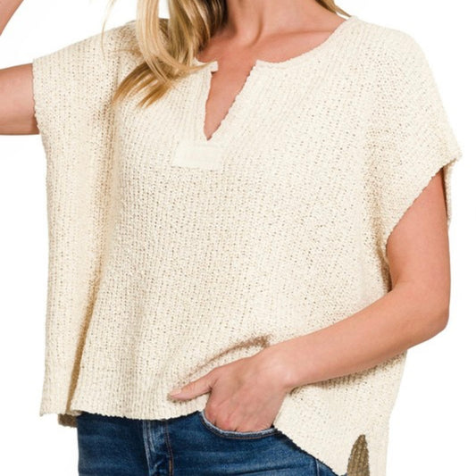 Split-Neck Side Slit Pullover Top