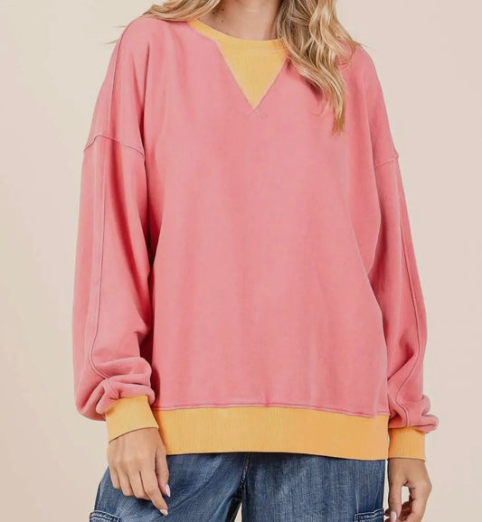 Coral Mineral Wash Color Block French Terry Sweatshirt