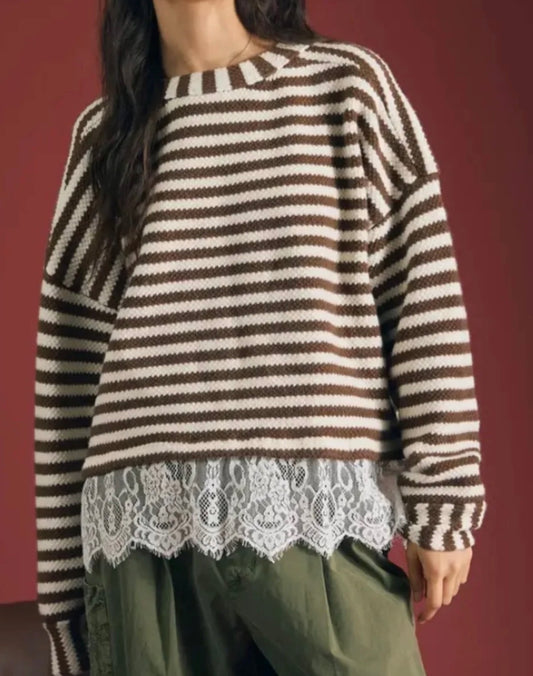 Striped Long Sleeve Lace Top