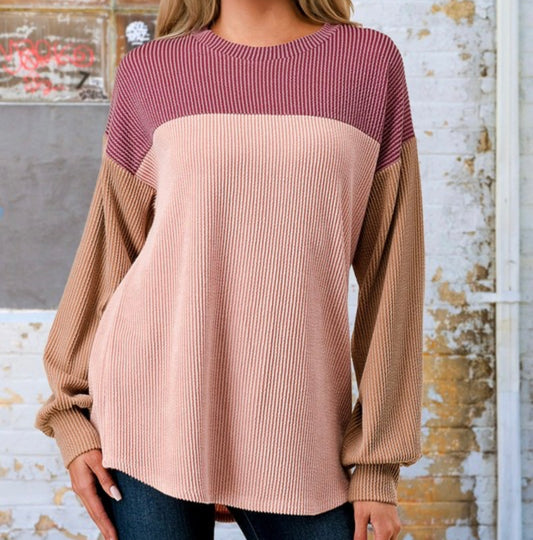 Color Block Ribbed Long Sleeve Top