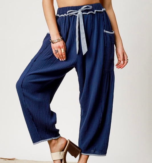 Coastal Comfort Striped Trim Pants