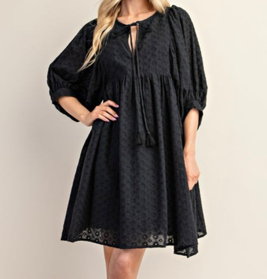 Black Embroidered Puff Sleeve Dress