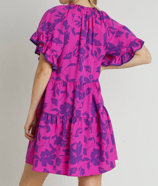 Magenta Two Tone Ruffle Sleeve Dress