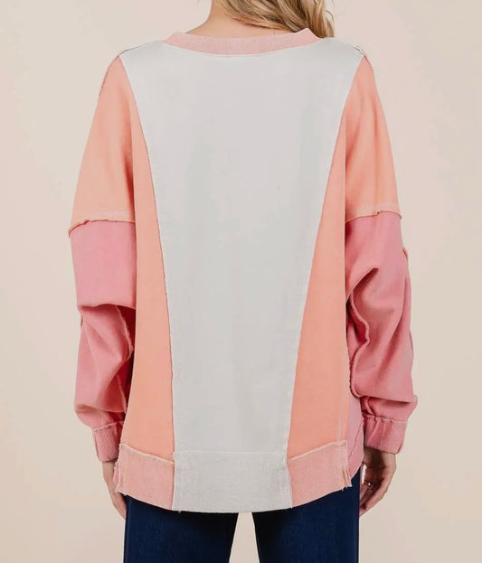 Coral Mineral Wash Color Block Dolman Sleeve Pullover