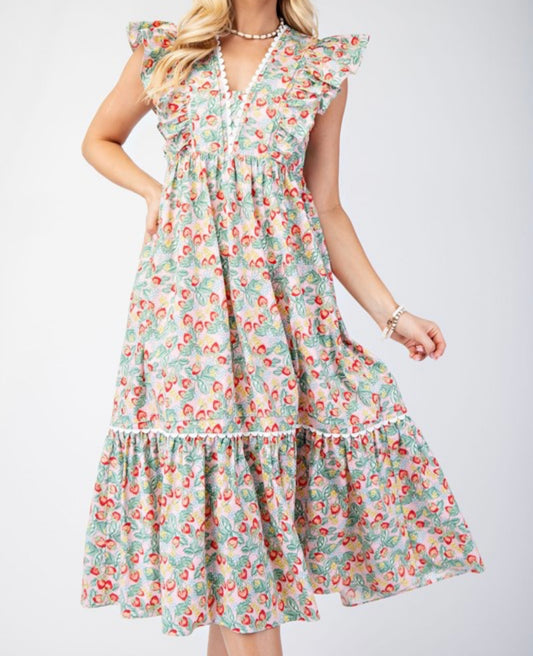 Light Pink Floral Ruffle Midi Dress