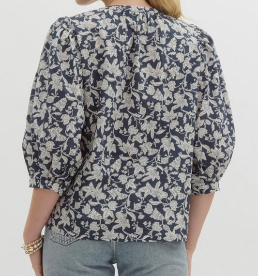 Navy Floral Puff 3/4 Sleeve Top